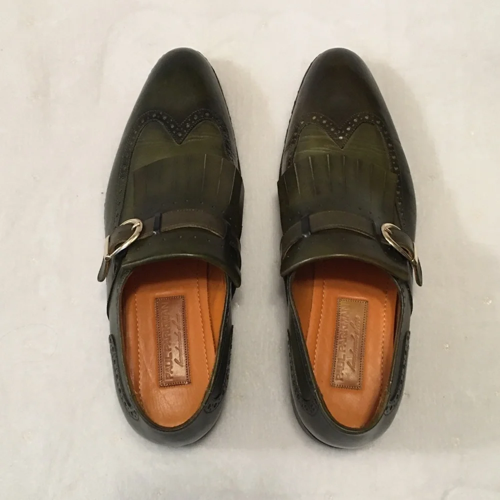 Paul Parkman Green Leather Wingtip Monkstrap Shoes - Picture 7 of 13